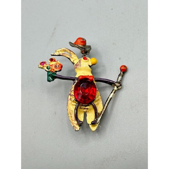 Vintage Trembler Pin Brooch Magician Bunny with Trembling Hat Flowers and Cane - Picture 2 of 8